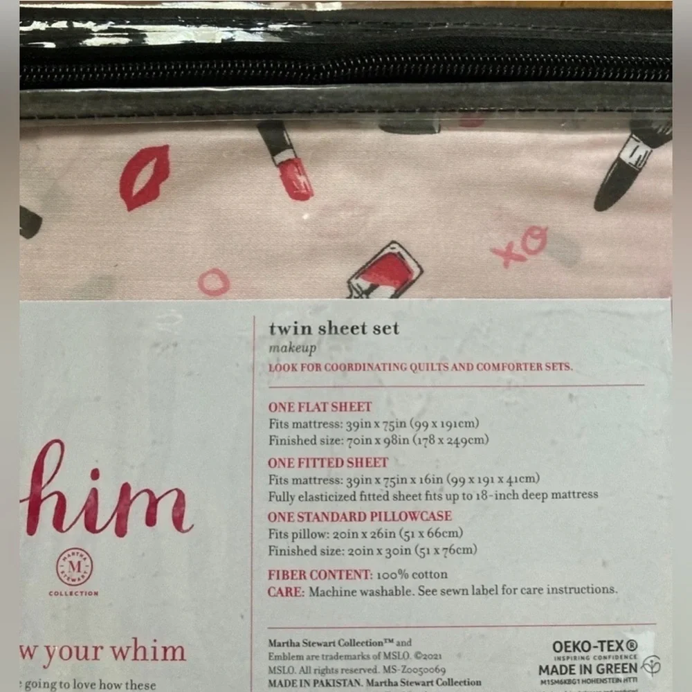 Martha Stewart Whim 100% Cotton 250TC Makeup Sheet Set Fitted & Flat Twin & Case